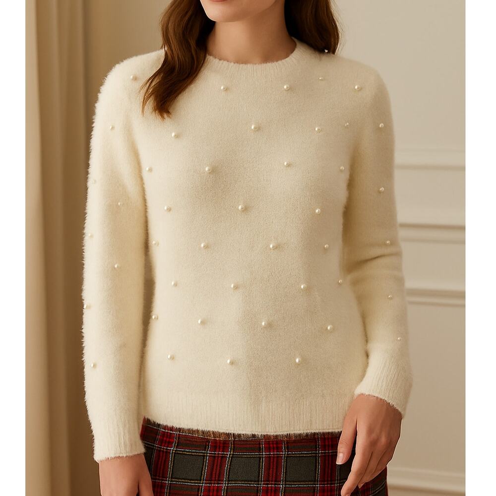 Doe & Rae Fuzzy‎ Pearl Bauble Sweater Ivory White Sml BalletCore Holiday Classic